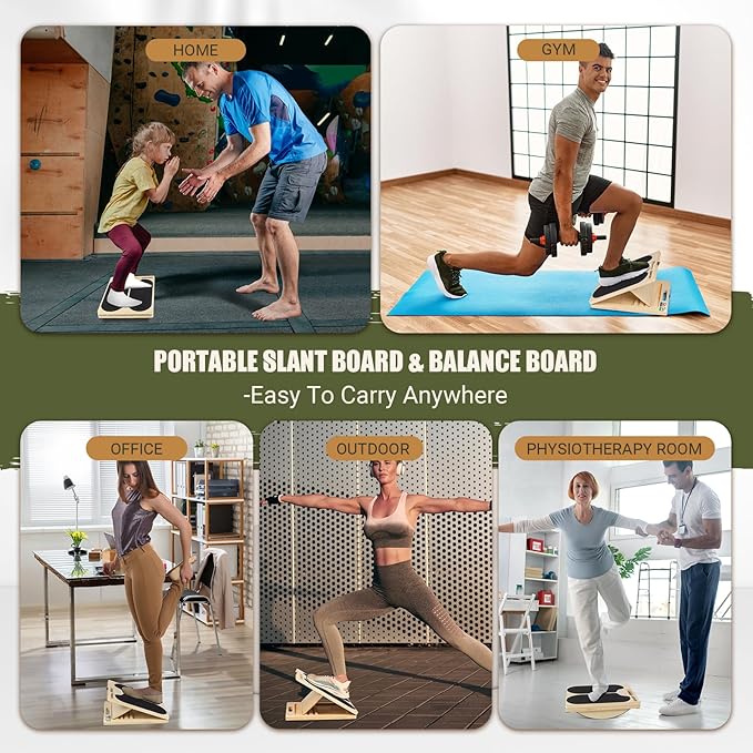 2-in-1 Wooden Slant Board & Balance Board, Portable 6 Angle Adjustable Calf Stretch Board with Training Poster, 300lb Weight Capacity Calf Ankle Stretcher for Physical Therapy, Squat & Core Strength-StrideForce Fitness