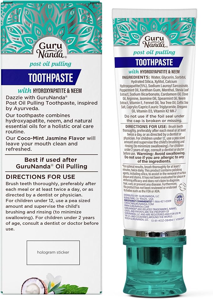 GuruNanda Hydroxyapatite Toothpaste, SLS & Fluoride Free, Whitening Toothpaste with Tongue Scraper & Squeezer - Freshens Breath, Fights Plaque - Natural CocoMint Jasmine Neem, 4.2oz