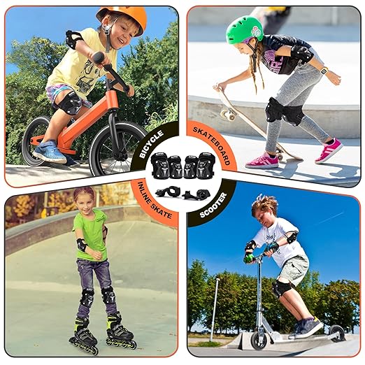 2PM SPORTS Knee Pads for Kids, Wrist Guards Knee and Elbow Pads Set with Drawstring Bag, Protective Gear Set for Girls Boys Roller Skating Cycling Skateboard - Black Medium-StrideForce Fitness