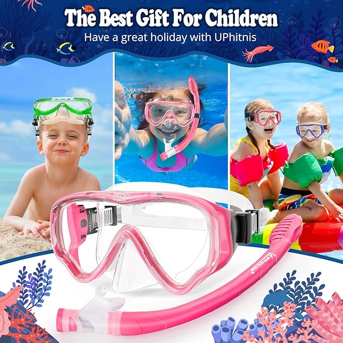 U PHITNIS Kids Snorkel Set for Age 4-14 - Dry Top Snorkeling Gear for Kids Junior & Youth - Childs Diving Mask with Big Eyes for Boys Girls - Anti-Fog Snorkeling Mask and Snorkel Set-StrideForce Fitness