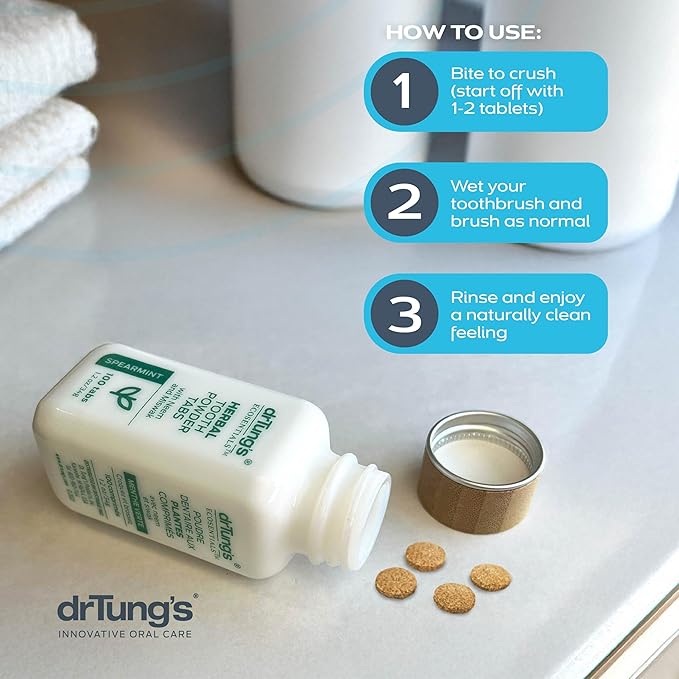 drTung's Herbal Toothpaste Tablets - Toothpaste Tabs for Dry Mouth Relief, Natural Tooth Powder Tablets for Fresh Breath, Fluoride Free, Travel Size, Vegan, Non-GMO - Spearmint (100 Tabs), 3-Pack