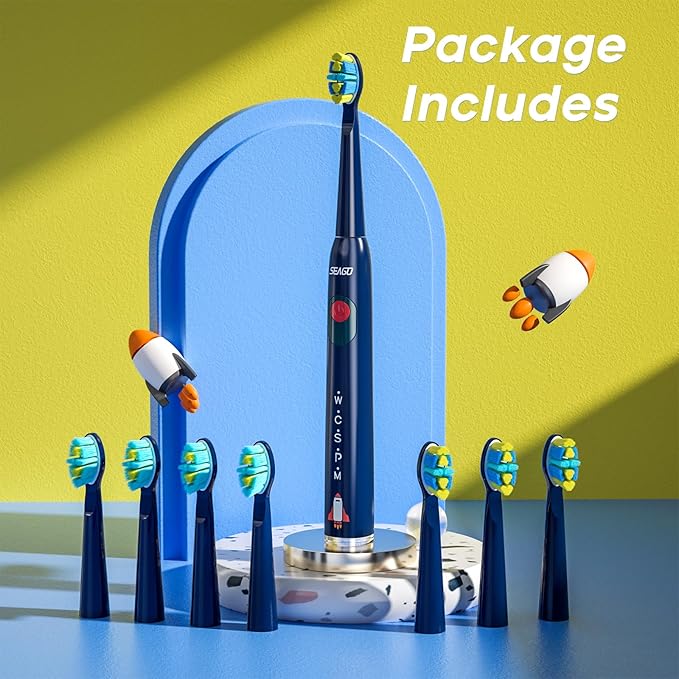 SEAGO Kids Electric Toothbrush, Rechargeable Sonic Soft Bristle Toothbrushes with 8 Brush Heads, DIY Stickers and 5 Modes, Ideal for Kids and Children, Ages 3–12,SG2303(Navy)