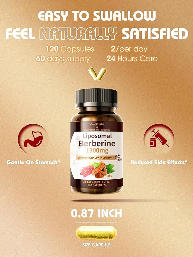 Liposomal Berberine HCL1300mg - Berberine Supplement with Ceylon Cinnamon Activates GLP-1 & AMPK - High Absorption Formula Healthy Weight Support – Non-GMO/Vegan – 60-Day-StrideForce Fitness