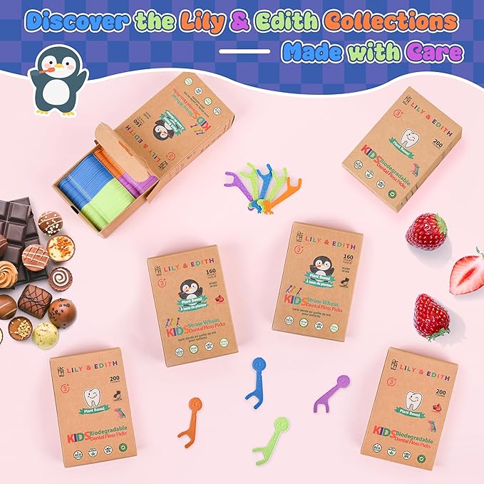 LILY & EDITH Straw Wheat Kids Flossers 160ct, Plant Based Dental Floss Picks for Children, Fluoride & Chemical Free(PFA Free), Penguin Flossing Sticks for Toddler, Paper Package, Unflavored