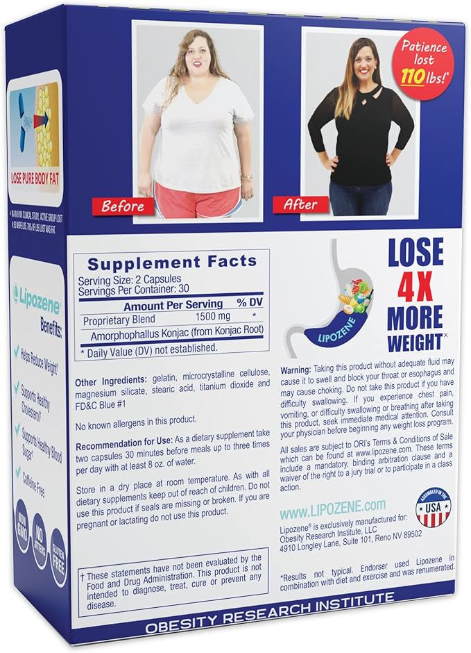 Lipozene - Weight Loss Supplement Diet Pills - Appetite Suppressant and Control - Two Bottles 60 Capsules Total-StrideForce Fitness