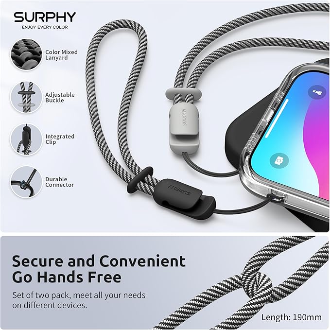 SURPHY 2 Pack Phone Lanyard for Cellphone Case, Phone Wrist Strap for Case, Cellphone Strap with 2-Color Braided, Charm Wrist Lanyard for Women and Men, Black & Gray