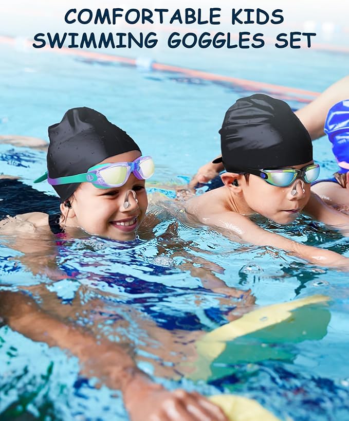 Kids Swim Goggles, Swimming Goggles for Kids Toddlers 3-14 with Swim Cap, Nose Clip, Nose Bridge, Ear Plugs-StrideForce Fitness