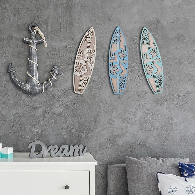 RattanView 3 Pieces Hibiscus Surfboard Decor for Bedroom Wooden Beach Wall Decor Summer Wood Surfboard Wall Hanging Sign for Tropical Living Room Decoration (Blue)-StrideForce Fitness