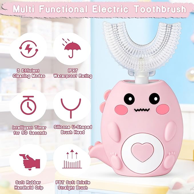 Kids Electric U Shaped Toothbrush, Sonic Automatic Toothbrush Kids with 4 Brush Heads, 3 Cleaning Modes, Cartoon Dinosaur IPX7 Waterproof 360º Round Toddler Electric Toothbrush(Pink, Ages 2-12)