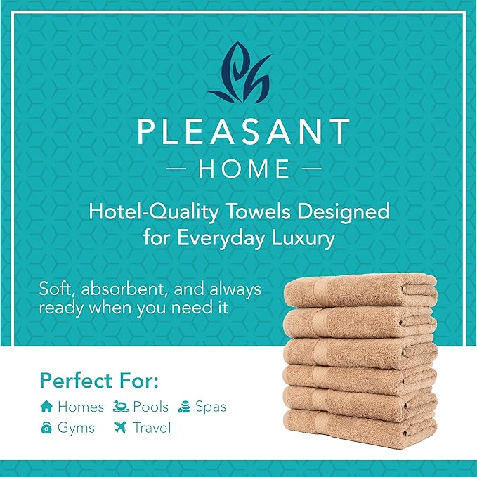 Pleasant Home Bath Towels Set of 6 (24” x 50”) 100% Cotton, 515 GSM | Lightweight, Soft & Absorbent Luxury Towels for Bathroom | for Gym, Pool & Spa | 6 Pack, Mocha-StrideForce Fitness