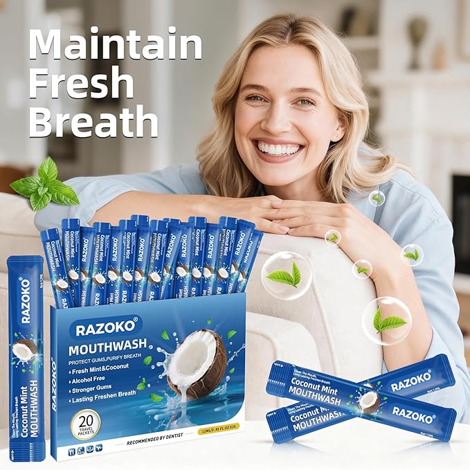 RAZOKO Mouthwash Travel Size-Portable Fresh Mint Packets,Alcohol & Fluoride Free Mouthwash,Disposable Oral Care Strips (0.41 Fl Oz (Pack of 20), Coconut)