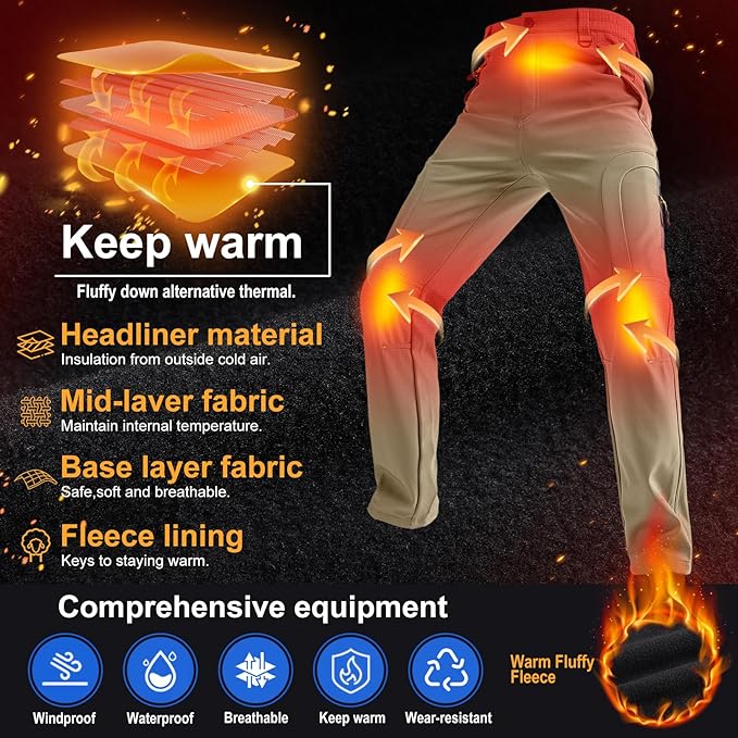 Toomett Men's hiking Snow Pants Skiing Winter Insulated Fleece lined Outdoor Water Repellent camping,walking,fishing