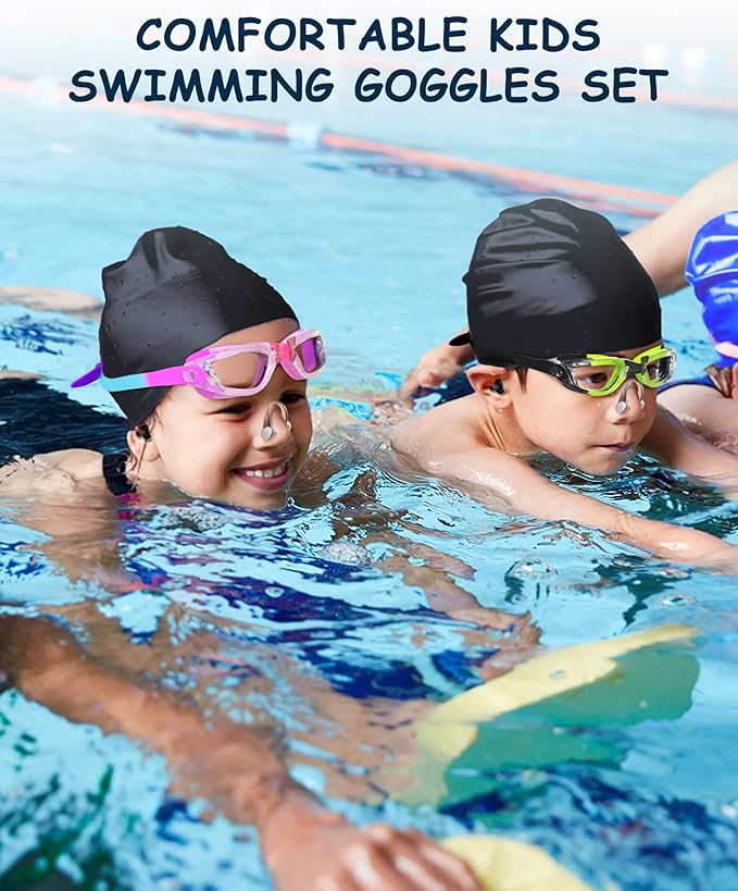 Kids Swim Goggles, Swimming Goggles for Kids Toddlers 3-14 with Swim Cap, Nose Clip, Nose Bridge, Ear Plugs-StrideForce Fitness