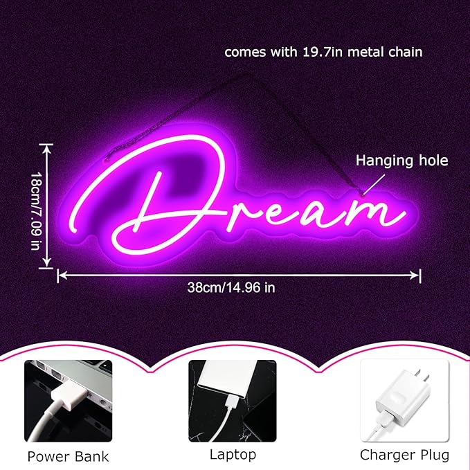 Dreamy Purple Dream LED Neon Light Sign Neon Dream Sign forChildren's Bedroom Living Room Dormitory Night Atmosphere Light Switch Controllable Reusable USB Power Supply (14.96"*7.09")-StrideForce Fitness