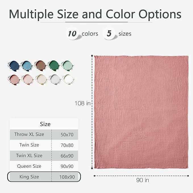 Carriediosa 100% Cotton Muslin Throw Blanket 108" X 90" King Size,4-Layers Summer Gauze Throws for Bed Couch,Soft Lightweight Breathable Linen Blankets Bedspread for Adults All Season,Mauve-StrideForce Fitness