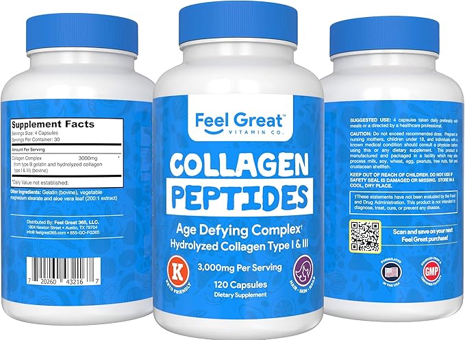 Hydrolyzed Collagen Peptides Powder Capsules (Type I &III) by Feel Great Vitamin Co. | Wheat Free, Keto & Paleo Friendly | Collagen Powder Supplement for Hair, Skin and Nails*-StrideForce Fitness