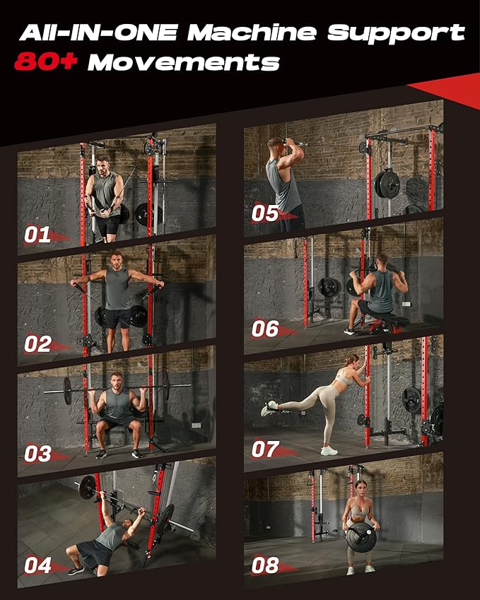 Folding Power Rack, Wall Mounted Squat Rack with Dual Independent Pulley System, Multi-Function Power Cage with 5 Adjustable Function Modes, Power Rack Trainer for Space Saving Home Gym-StrideForce Fitness