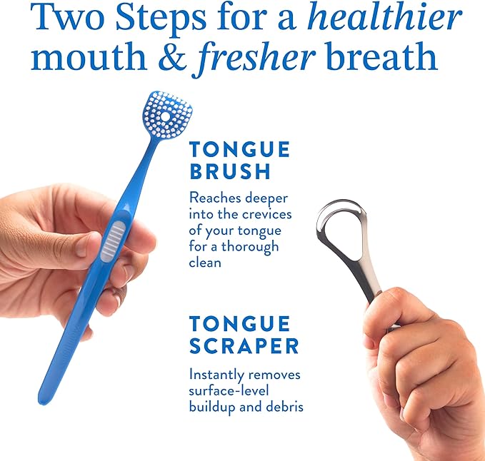 Mouthology Tongue Brush & Tongue Scraper (Combo Pack), Reduce Bad Breath & Improve Oral Hygiene, Tongue Scraper Brush for Adults Ergonomic Handle & Protective Cap, Tongue Cleaner