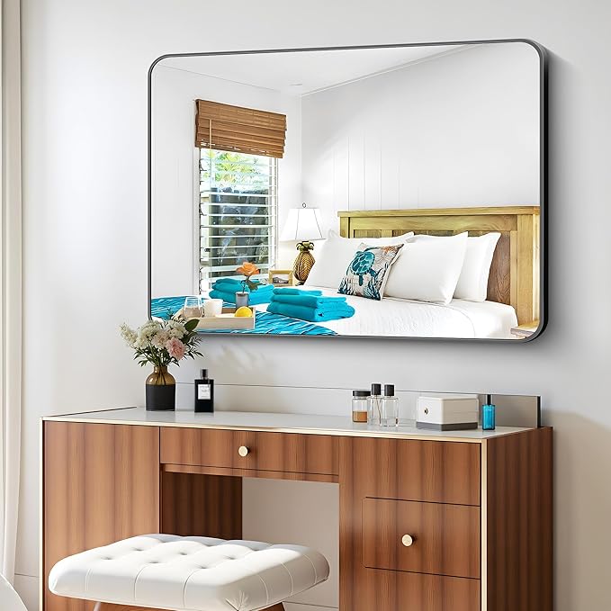 36x48 inch Bathroom Mirror,Black Rectangle Mirror,Wall Mounted Bathroom Frame Vanity Mirror with Round Corner for Bedroom Living Room, Entryway Hangs Horizontal or Vertical-StrideForce Fitness