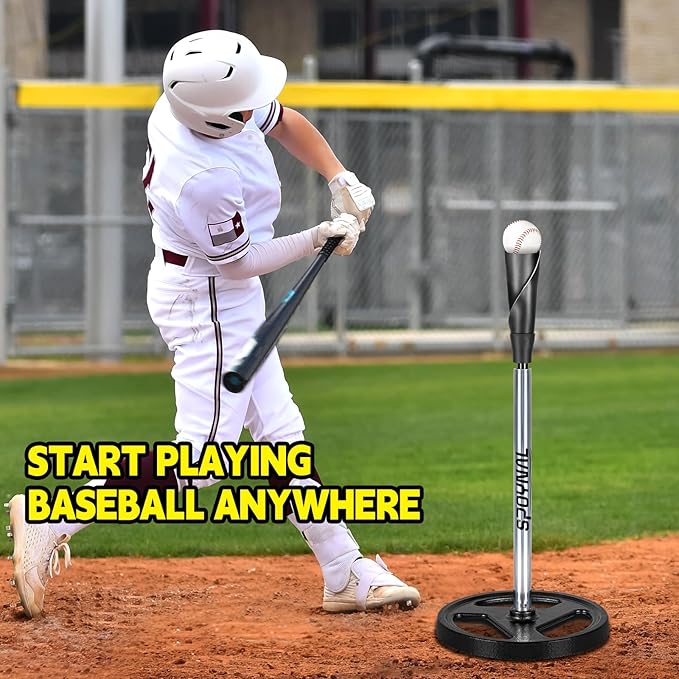 Portable Batting Tee for Baseball/Softball - Adjustable Height 24" to 46", 25" to 37", Baseball Practice Training Hand-Rolled Flexible Rubber Top & Heavy Duty Base for T-Ball, Youth & Adults-StrideForce Fitness