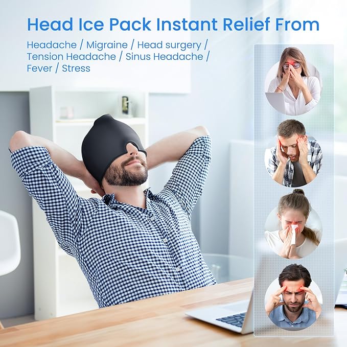 ONLYCARE Migraine Relief Cap, Upgraded Odorless Headache Relief Cap, 360° Gel Surround Ice Pack Mask for Migraine, Sinus, Stress, Frontal Headaches (Black)-StrideForce Fitness