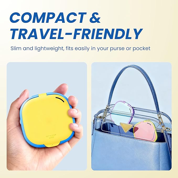 Retainer Case with Mirror and Vent Holes, Cute Slim Aligner Case Compatible with Invisalign, Magnetic Closure Orthodontic Case for Retainers and Mouth Guards (Yellow & Royal Blue)