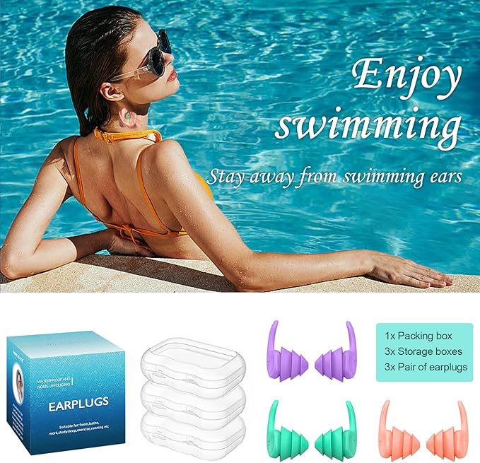 Swimming Ear Plugs for Adults,3 Pairs Waterproof Reusable Silicone Swim Earplugs for Swimming Surfing Snorkeling Showering and Water Pool,Beach,Ocean (Adults & Teens 14+)-StrideForce Fitness