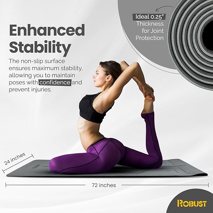 Robust Non-Slip Yoga Mat with Strap, 1/4" Thick TPE Eco-Friendly Workout Mat for Yoga with Position Lines and Texture Surface, Gym Mat for Women, Men, Pilates and Exercises Anti-Tear Sweat-Proof Exercise Mat-StrideForce Fitness