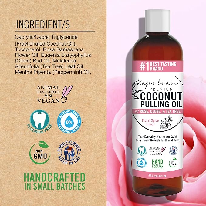 Kapuluan Coconut Oil Pulling for Teeth and Gums Mouthwash, 100% Pure and Natural, Non-GMO, Ayurvedic โ Refreshing Rose Clove Essential Oils