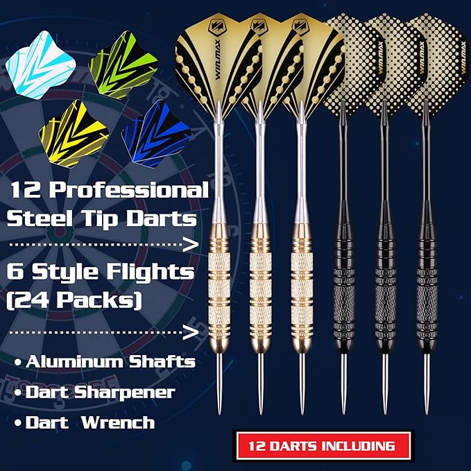WIN.MAX Dart Board - Bristle Steel Tip Dartboard Dart Boards for Adults Bristle Steel Tip Dartboard Set with 12 Darts Metal Tip-StrideForce Fitness