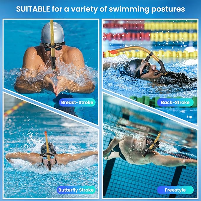 Swimmer's Snorkel for Lap Swimming, Adult Snorkeling Gear Swim Training, Center-Mount Silicone Mouthpiece One-Way Purge Valve in Pool and Open Water-StrideForce Fitness