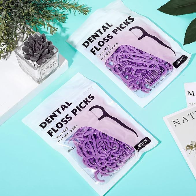 Baderke 200 Count Floss Picks Bulk Non Breakable Tooth Picks Flosser Dental Floss Sticks for Adults Teeth Cleaning Dental Flossers for Family Pack Travel(Dark Purple)