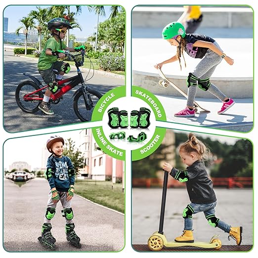 2PM SPORTS Knee Pads for Kids, Wrist Guards Knee and Elbow Pads Set with Drawstring Bag, Protective Gear Set for Girls Boys Roller Skating Cycling Skateboard - Green Small-StrideForce Fitness