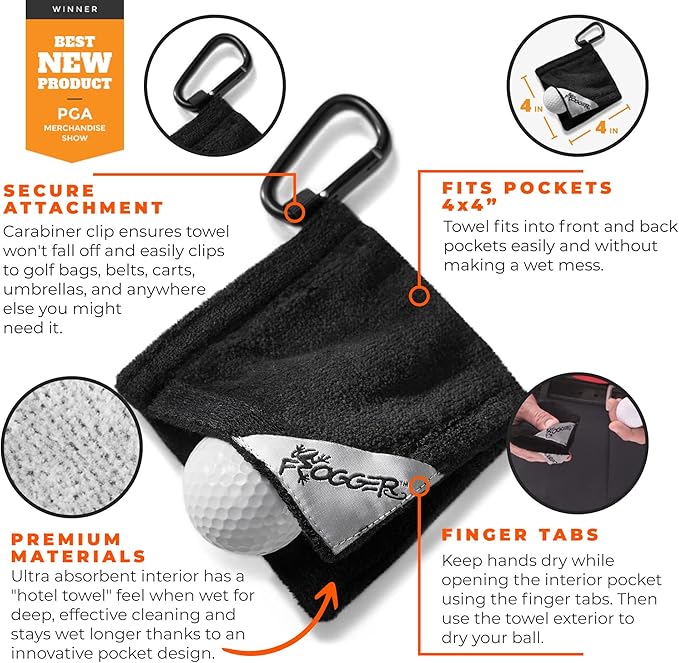 Frogger Amphibian Golf Ball Towel with Wet and Dry Technology Small Golf Ball Towels for Golf Bags with D Clip, Premium Golf Ball Accessories, Ultra Absorbent-StrideForce Fitness