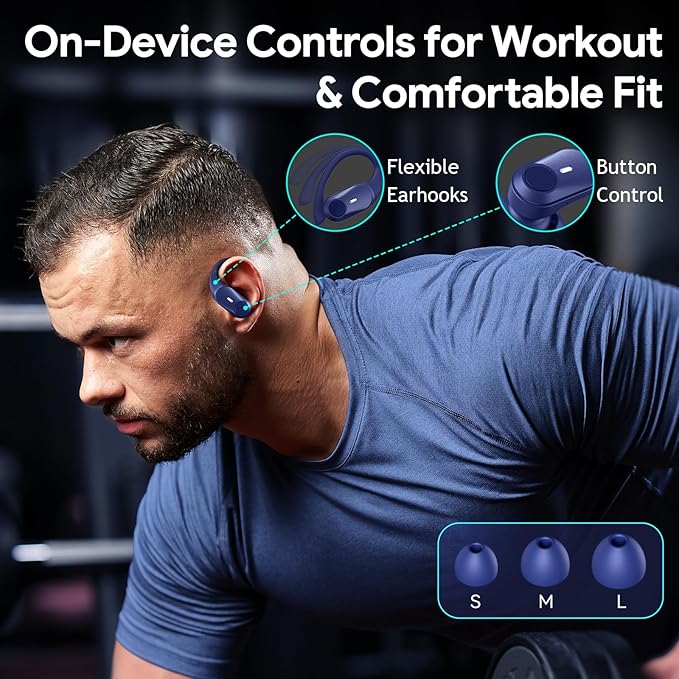 GOLREX Active Noise Cancelling Ear Buds Wireless Earbuds Bluetooth Headphones with 80H Playtime LED Display Wireless Charging Case, Over-Ear Hooks Earbud for Sports Running Gym Workout Blue-StrideForce Fitness