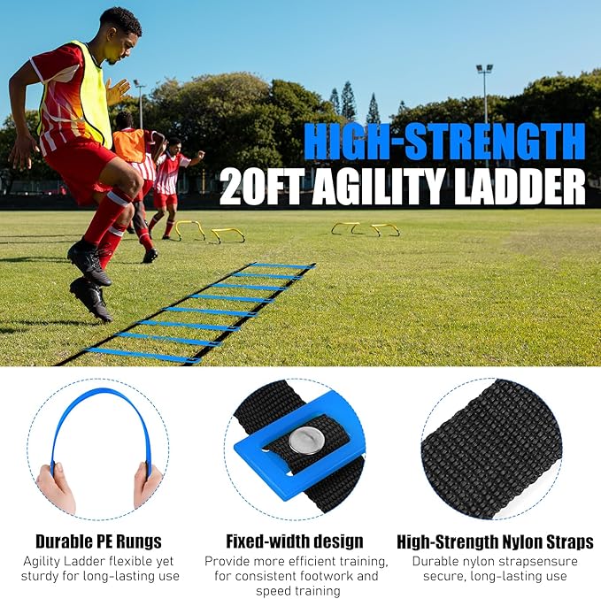 Agility Speed Training Equipment Set - 20ft Speed Ladder, 12 Cones, 4 Adjustable Hurdles, Jump Rope, Parachute | Ideal for Basketball, Football, Soccer, for Kids, Youth, Adults