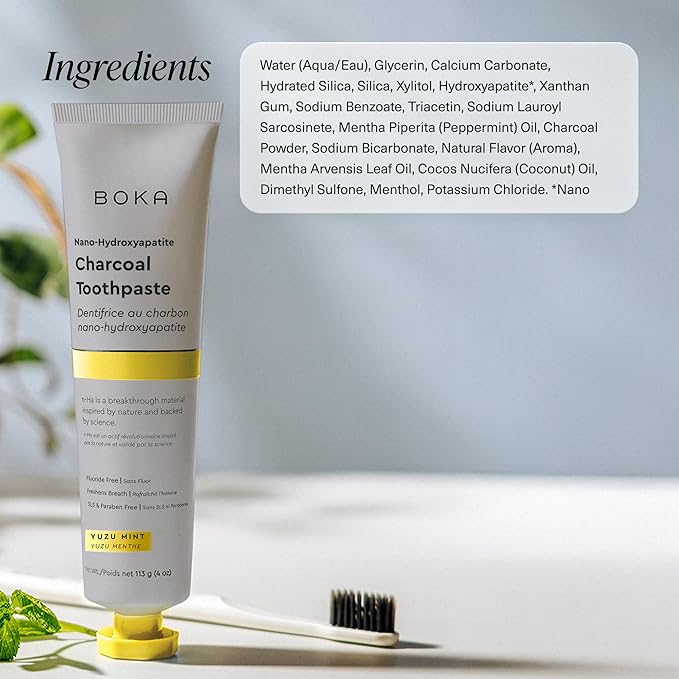 Boka Fluoride Free Toothpaste, Nano Hydroxyapatite Toothpaste, Appropriate for Sensitive Teeth - for Adult, Kids Oral Care - Charcoal Yuzu Mint Flavor, 4 Fl Oz 1Pk US Manufactured