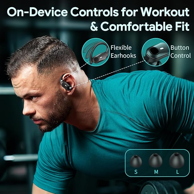 GOLREX Active Noise Cancelling Ear Buds Wireless Earbuds Bluetooth Headphones with 80H Playtime LED Display Wireless Charging Case, Over-Ear Hooks Earbud for Sports Running Gym Workout Black-StrideForce Fitness
