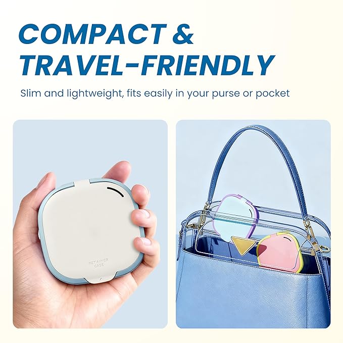 Retainer Case with Mirror and Vent Holes, Cute Slim Aligner Case Compatible with Invisalign, Magnetic Closure Orthodontic Case for Retainers and Mouth Guards (Beige & Blue)