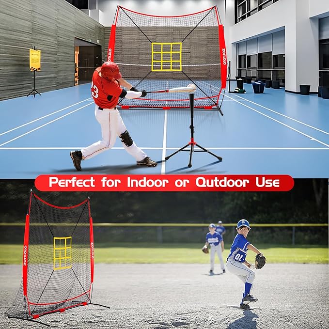7x7 ft Baseball Net, Pitching & Batting Net with Batting Tee, Designed with Large Ball Collection System, 2 Strike Zones, Carry Bag, Baseball Softball Net for Batting Pitching Hitting and Throwing-StrideForce Fitness