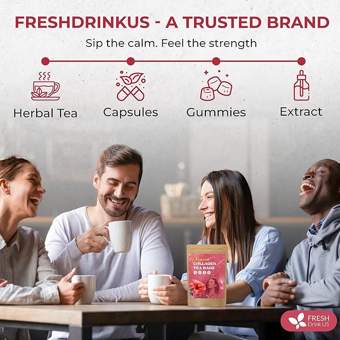 FreshDrinkUS, Premium Collagen Herbal Tea β 30 Tea Bags | Cinnamon Stick, Hibiscus, Dandelion Root, Moringa Leaves, Rose Hip, Ginger, Fennel Seed, Boswellia | Caffeine-Free, Natural Flavorful Blend