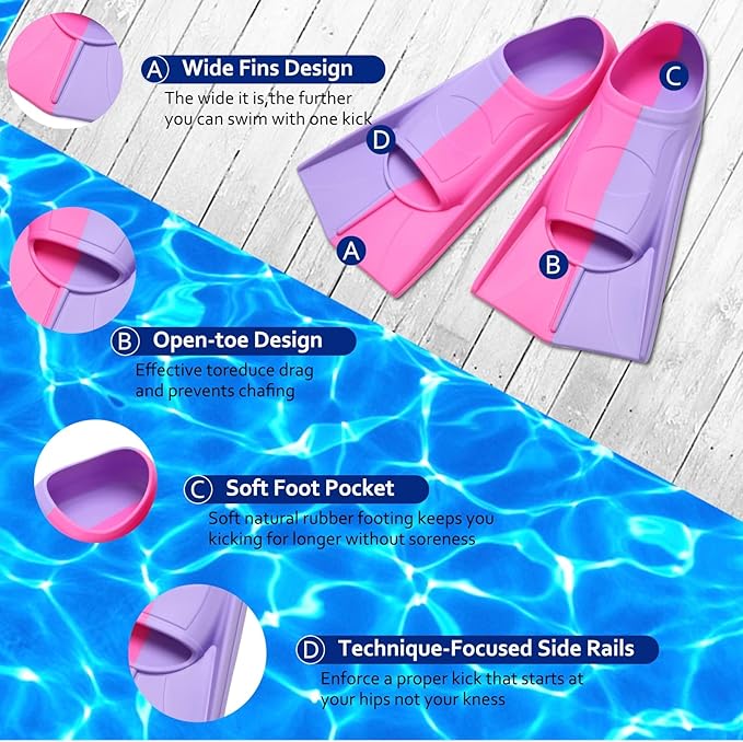 Kids Swim Fins,Short Kids Fins Youth Swimming Flippers for Lap Swimming Training for Children Girls Boys Beginners-StrideForce Fitness