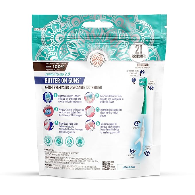 GuruNanda 6-in-1 Ready-to-Go Disposable Toothbrush, Pre-Pasted Butter on Gums Softex Bristles, Floss & Toothpick, Tongue & Cheek Cleaner, Individually Wrapped & TSA Friendly, 21 Ct