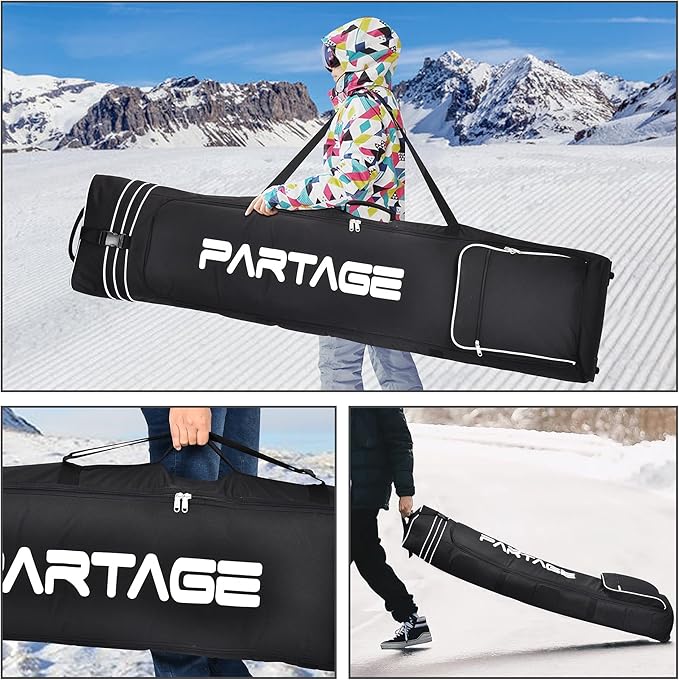 Partage Snowboard Bag with Wheels, Snowboard Bag for Air Travel, Adjustable Length Up to 170 cm, 600D Water Resistant Oxford -Black-StrideForce Fitness