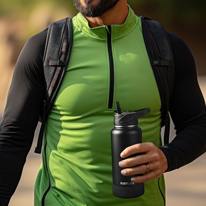 64oz Insulated Water Bottle with Straw, Half Gallon Stainless Steel Vacuum Water Jug, Large Thermal Water Bottle Flask with Leakproof 3 Lids for Travel, Camping, Gym Sports Black-StrideForce Fitness