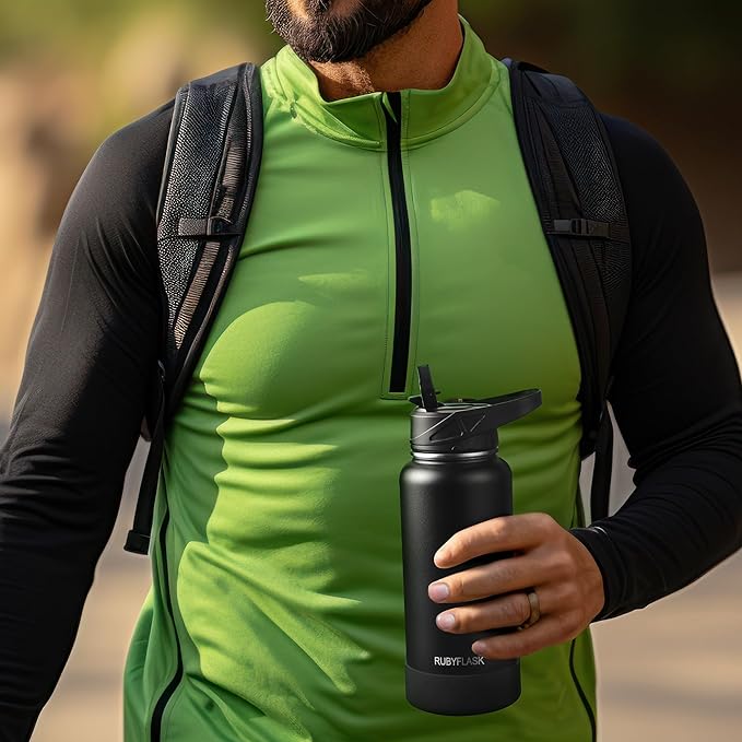 64oz Insulated Water Bottle with Straw, Half Gallon Stainless Steel Vacuum Water Jug, Large Thermal Water Bottle Flask with Leakproof 3 Lids for Travel, Camping, Gym Sports Indigo Black-StrideForce Fitness