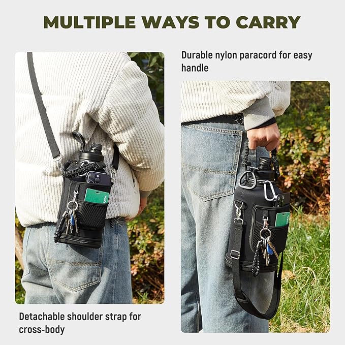 Half Gallon Insulated Water Bottle, 64 oz Triple Wall Stainless Steel Flask, Keeps Drinks Cold for 48 Hrs Leak-Proof & BPA-Free Half Gallon Jug with Paracord Handle, Straw & Spout Lids(2 pack,Black)-StrideForce Fitness