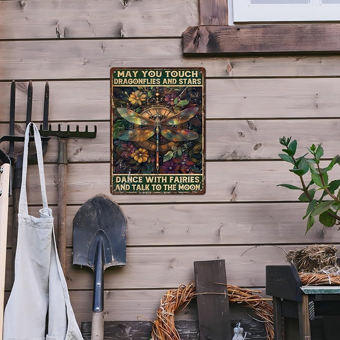 Vintage Dragonfly Tin Sign May You Touch Dragonflies And Stars Dance With Fairies And Talk To The Moon Retro Metal Poster Funny Wall Art Cafe Toilet Farm Room Garden Plaque Outdoor 12 * 16inch-StrideForce Fitness