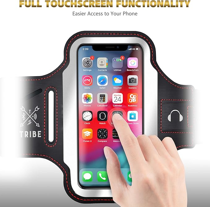TRIBE Running Phone Holder Armband. iPhone & Galaxy Cell Phone Sports Arm Bands for Women, Men, Runners, Jogging, Walking, Exercise & Gym Workout. Fits All Smartphones. Adjustable Strap, CC/Key Pocket-StrideForce Fitness
