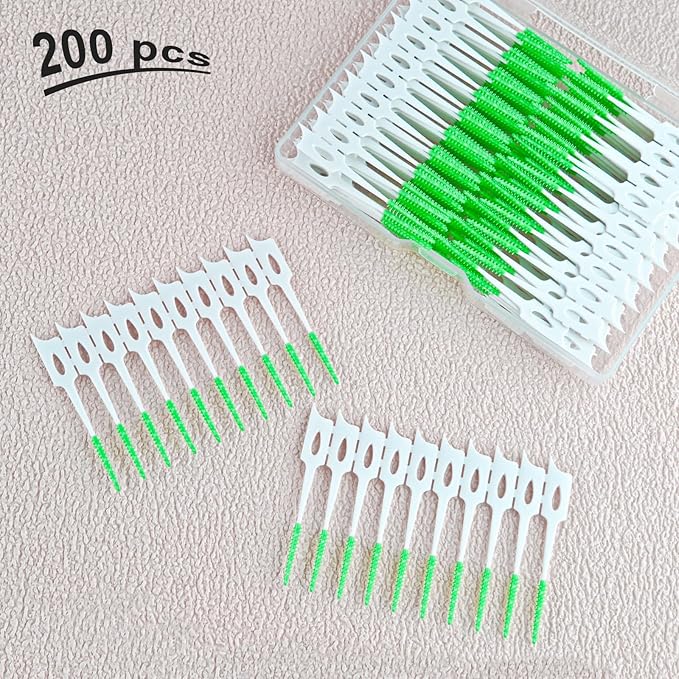 200 Pcs Portable Soft Silicone Interdental Floss Picks for Family Oral Care, Dual - Ended Toothpick & Flosser Cleaning Tool(Green)